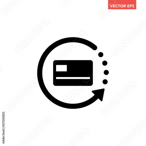 Black single renew credit card icon, simple card transaction flat design infographic pictogram vector for app logo ads web button ui ux interface elements isolated on white background