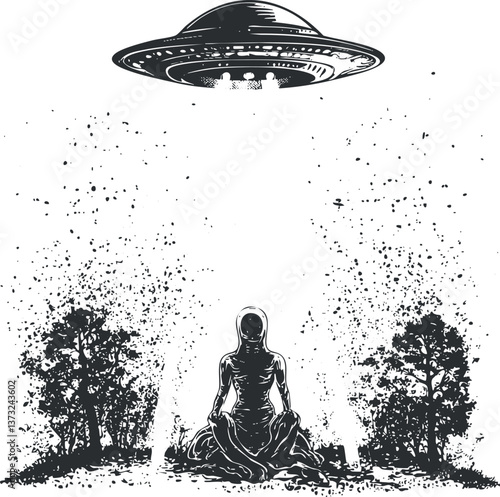 Monochrome illustration of an alien meditating in a forest with a UFO hovering above.