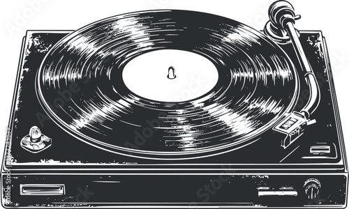 Black and white illustration of a vintage turntable playing a vinyl record with detailed stylus.