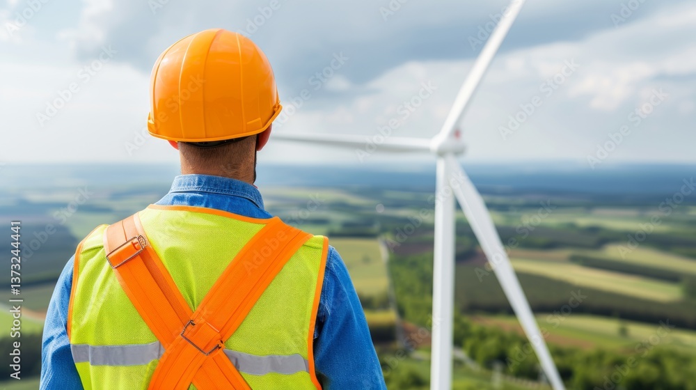 Wind turbine maintenance worker wearing protective helmet and safety harness, seen from the back, high-altitude work Wind turbine maintenance worker wearing protective helmet and safety harness, seen from the back, high-altitude work