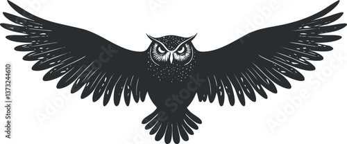 Black and white vector illustration of an owl silhouette with wings spread wide in flight.