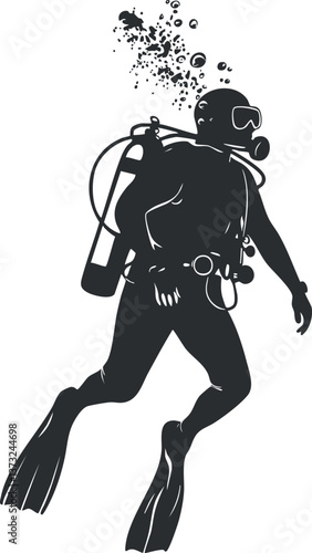 Silhouette of a scuba diver underwater with bubbles, wearing fins and breathing apparatus.