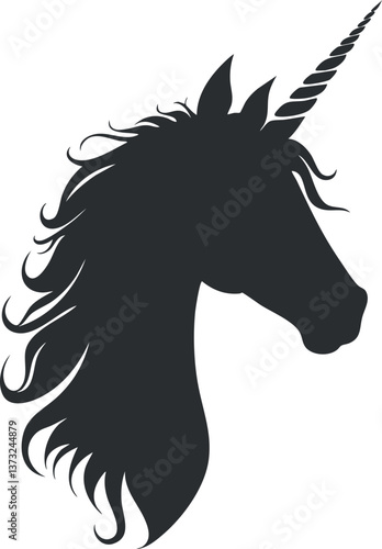 Black silhouette of a unicorn head with flowing mane and spiral horn, symbolizing fantasy.