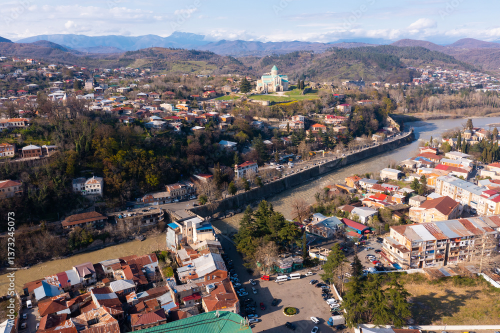 Fototapeta premium Aerial view of cathedral of the Dormition in the center of Kutaisi city, Georgia