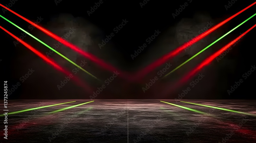 The image shows a dark, empty space illuminated by intersecting red and green laser beams, casting reflections on a textured floor. The image shows a dark, empty space illuminated by intersecting red and green laser beams, casting reflections on a textured floor.