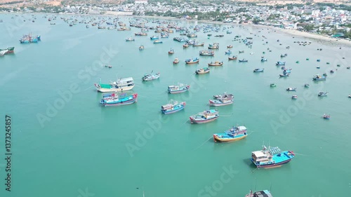 A Beautiful Aerial View of a Coastal Fishing Village Featuring Numerous Boats, Mui Ne, Vietnam