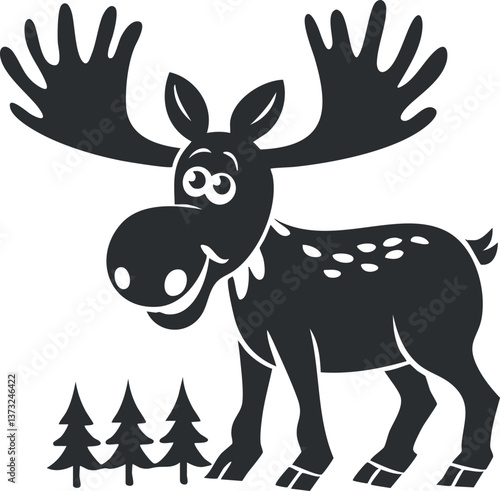 Cartoon moose with large antlers and trees, depicted in a playful and friendly style.