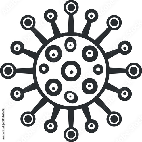 Black and white illustration of a stylized virus or bacteria with protruding spikes.