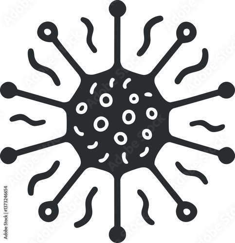 Black and white illustration of a virus or bacterium with a spiky structure.