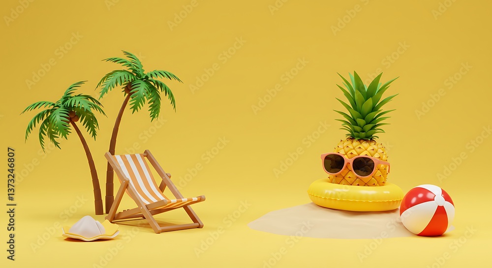 Obraz premium A cool pineapple wearing sunglasses enjoys a sunny beach vacation on a yellow backdrop, relaxing in an inflatable ring near a beach chair and palm trees.