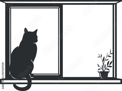 Silhouette of a cat sitting on a windowsill with a potted plant, in minimalist design.