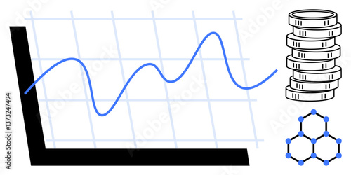 Line graph showing fluctuating trend, stack of coins symbolizing finance, and molecular structure. Ideal for finance, economy, investment, science, research strategy analytics. Flat simple metaphor