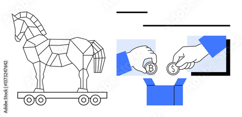 Geometric Trojan horse on wheels paired with hands placing dollar and bitcoin coins into a blue box. Ideal for deception, investment, cybersecurity, savings, hidden risks, marketing, flat simple