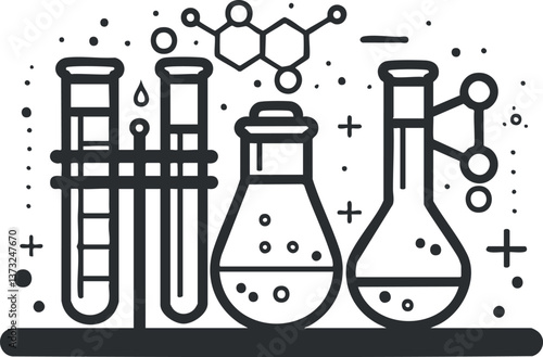 Black and white illustration of laboratory flasks and test tubes with chemical symbols.