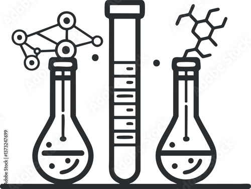 Black and white outline of laboratory flasks and test tube with molecular structures.