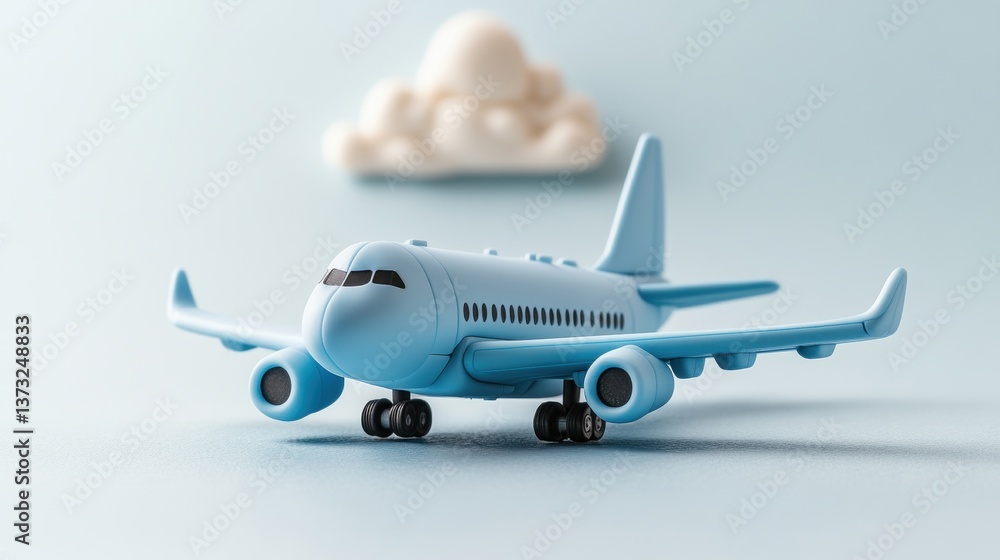 Obraz premium A whical light blue toy airplane resting on a soft blue surface with a gentle blurred cloud-shaped object creating a dreamy playful atmosphere