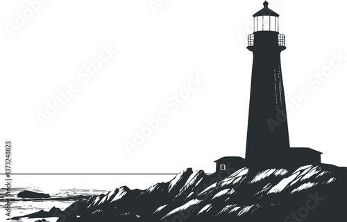 Monochrome silhouette of a lighthouse on a rocky coast against a clear sky.