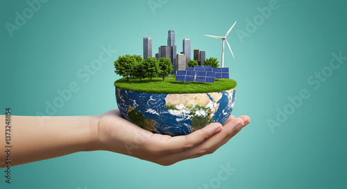 Hands holding a green planet, Renewable Energy City on Earth – Future of Sustainable Living