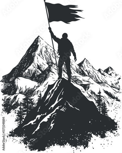 Silhouette of a climber holding a flag atop a mountain peak, symbolizing victory and achievement.