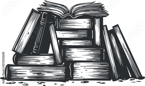 Vintage engraving style illustration of a stack of books with one open on top.