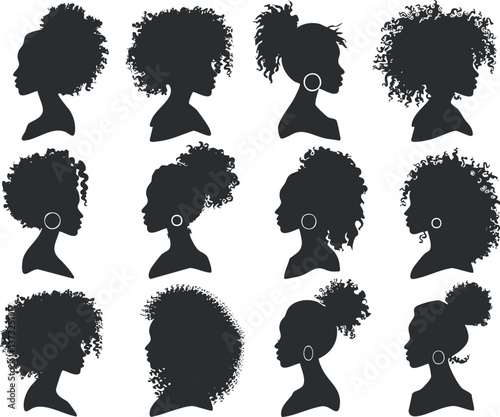 Collection of silhouettes of women with various afro hairstyles, showcasing diverse beauty and fashion.