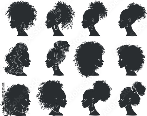 Collection of diverse women's hairstyles in silhouette profile, showcasing elegant and trendy designs.