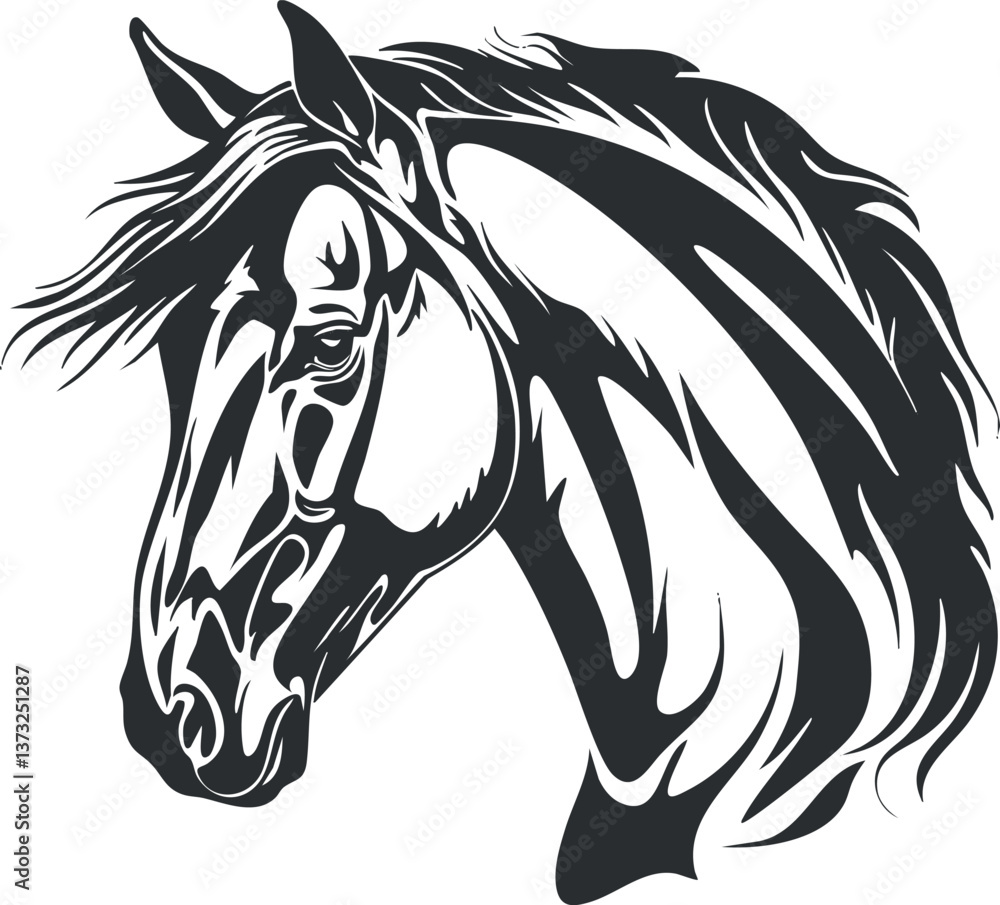 Fototapeta premium Black and white stylized horse head illustration with flowing mane and expressive features.