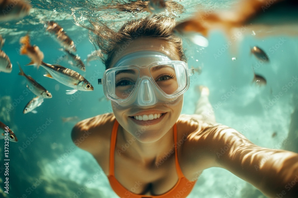 Naklejka premium Fun in the sun snorkeling. A dense school of silver fish swims next to her. Sunny tropical destination. Snorkeling travel brochure. Bright commercial style image. Stunning coral reef close-.