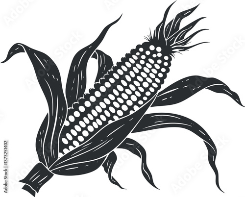 Black and white vector illustration of corn with husk and kernels in a detailed style.