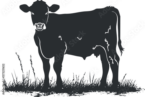 Black silhouette illustration of a cow standing in grass, representing farm life and agriculture.