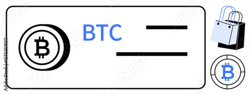 Bitcoin logo next to BTC letters, two horizontal lines, shopping bag, and coin. Ideal for cryptocurrency, digital payments, online shopping, blockchain, e-commerce financial technology digital