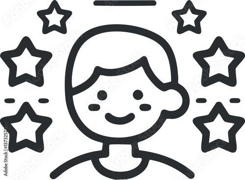 Simple black and white illustration of a smiling person surrounded by stars, conveying happiness.