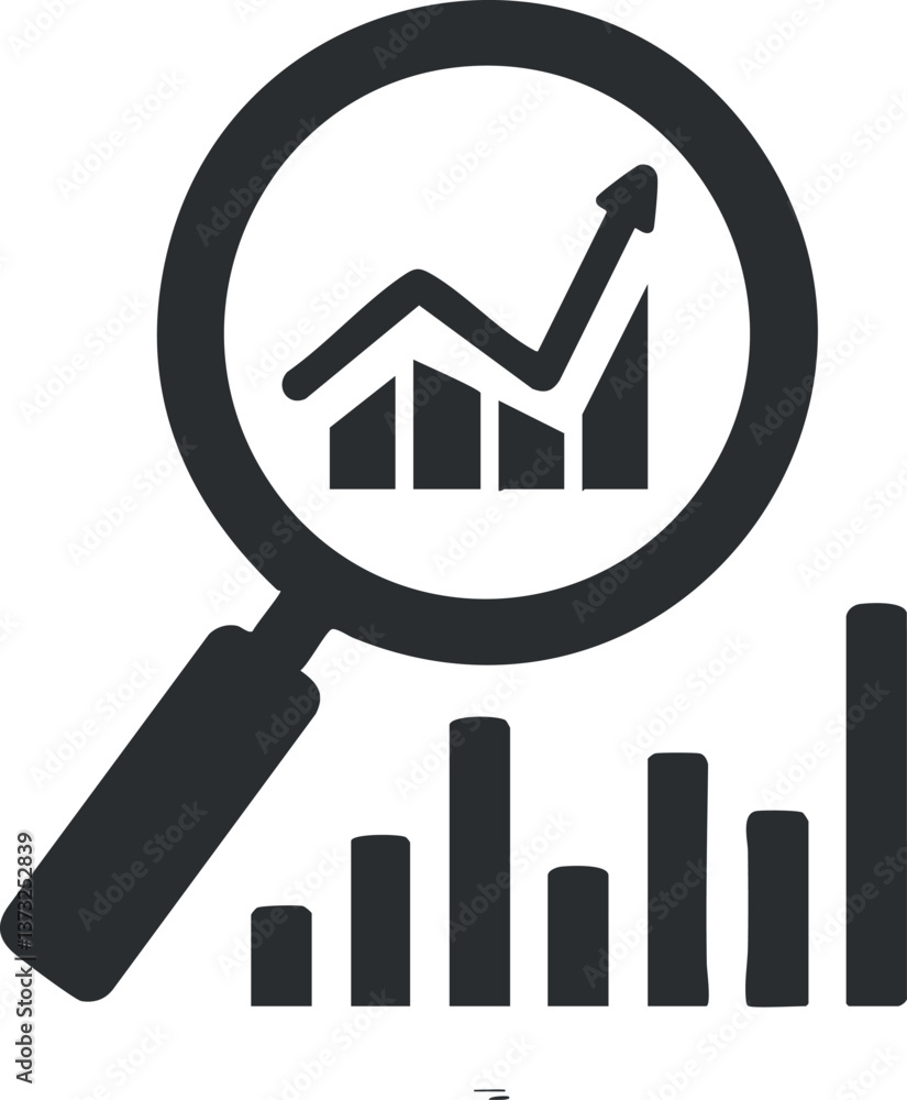 Magnifying glass over bar graph indicating data analysis and business growth evaluation. Magnifying glass over bar graph indicating data analysis and business growth evaluation.
