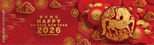 Happy chinese new year 2026 the horse zodiac sign with flower,lantern,asian elements red and gold color paper cut style on color background. ( Translation : happy new year 2026 year of the horse )