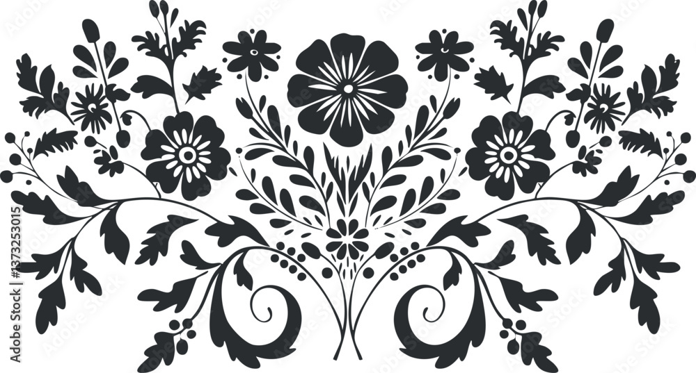 Intricate black and white floral pattern with symmetrical botanical design and decorative elements. Intricate black and white floral pattern with symmetrical botanical design and decorative elements.