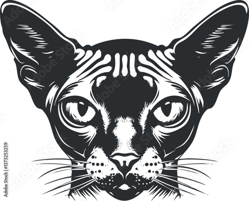 Black and white stylized illustration of a Sphynx cat head with bold graphic lines.