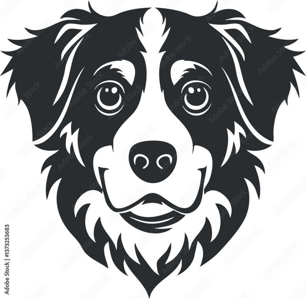 Black and white vector illustration of a smiling dog's face with stylized details. Black and white vector illustration of a smiling dog's face with stylized details.