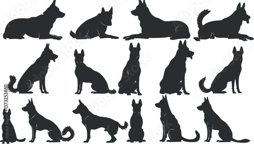 Set of German Shepherd dog silhouettes in various poses on a white background.