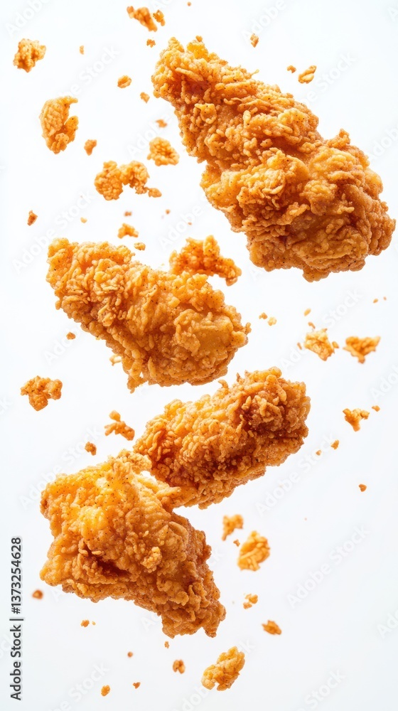 Several pieces of crispy fried chicken are floating above a white background Several pieces of crispy fried chicken are floating above a white background
