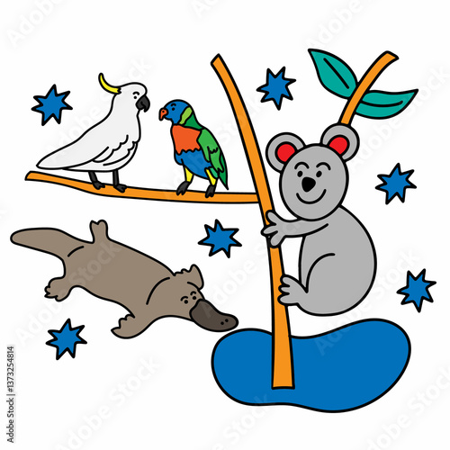 Photography Cute Australian Wildlife Illustration – Koala, Cockatoo, Lorikeet & Platypus