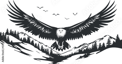 Silhouette of an eagle soaring over mountainous landscape with trees and other birds in flight.
