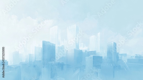 A light and airy background featuring urban building thick outlined in glowing white against a soft sky-blue backdrop