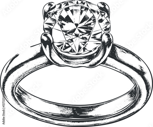 Vintage engraved illustration of a diamond ring showcasing detailed craftsmanship and elegance.