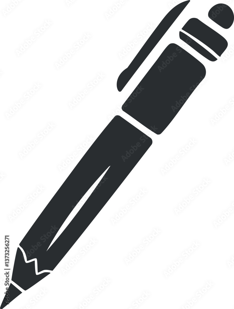 Black and white illustration of a pen icon, representing writing and stationery. Black and white illustration of a pen icon, representing writing and stationery.
