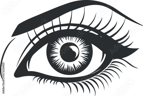 Monochrome illustration of a stylized eye design with detailed eyelashes and pupil.