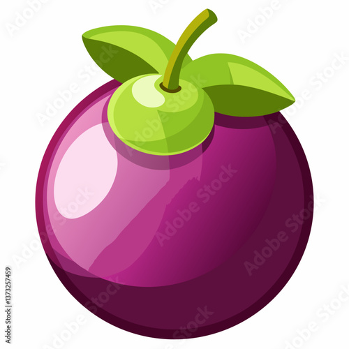 A purple plum with green leaves attached, showcasing its vibrant color and natural freshness.