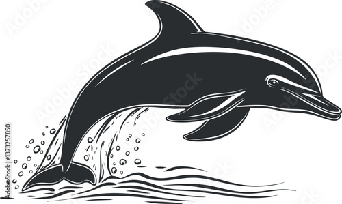 Black and white illustration of a dolphin jumping out of the water, creating a splash.