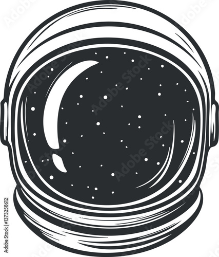 Black and white illustration of an astronaut helmet with a starry backdrop.