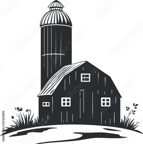 Black and white silhouette of a barn with a silo, surrounded by plants, illustrating rural architecture.