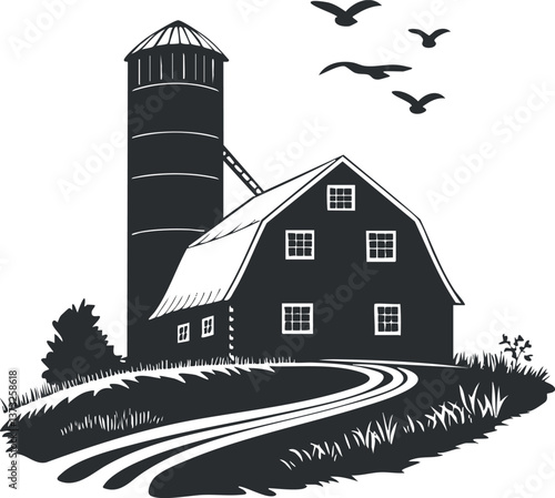 Silhouette of a barn with a silo and birds in a rural landscape setting.